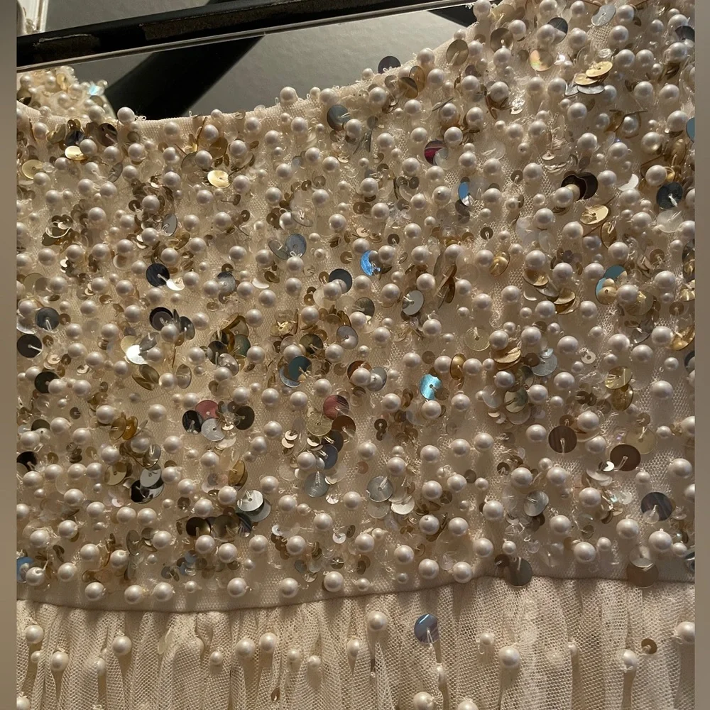 Free People Champagne Shine So Bright Dress Tulle Lace Beads Pearls Size 2 - Picture 3 of 10